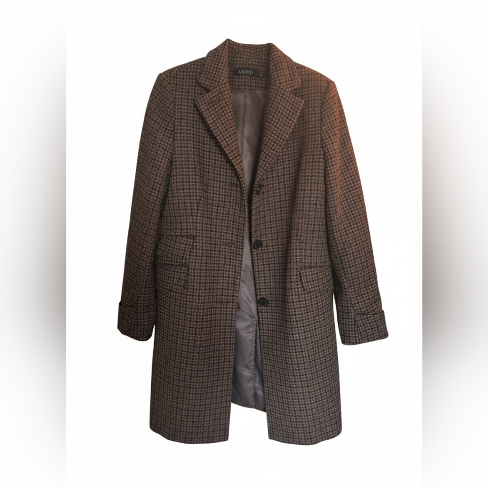 Lauren Ralph Lauren Legacy Check Wool Blend Coat Size 8 Brown Houndstooth